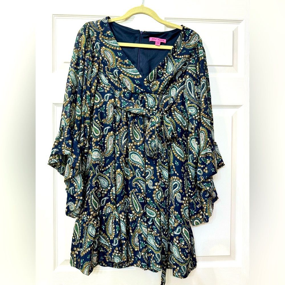 Betsey Johnson Dark Blue Green Paisley Kimono Bell Sleeve Wrap Dress Sz 4